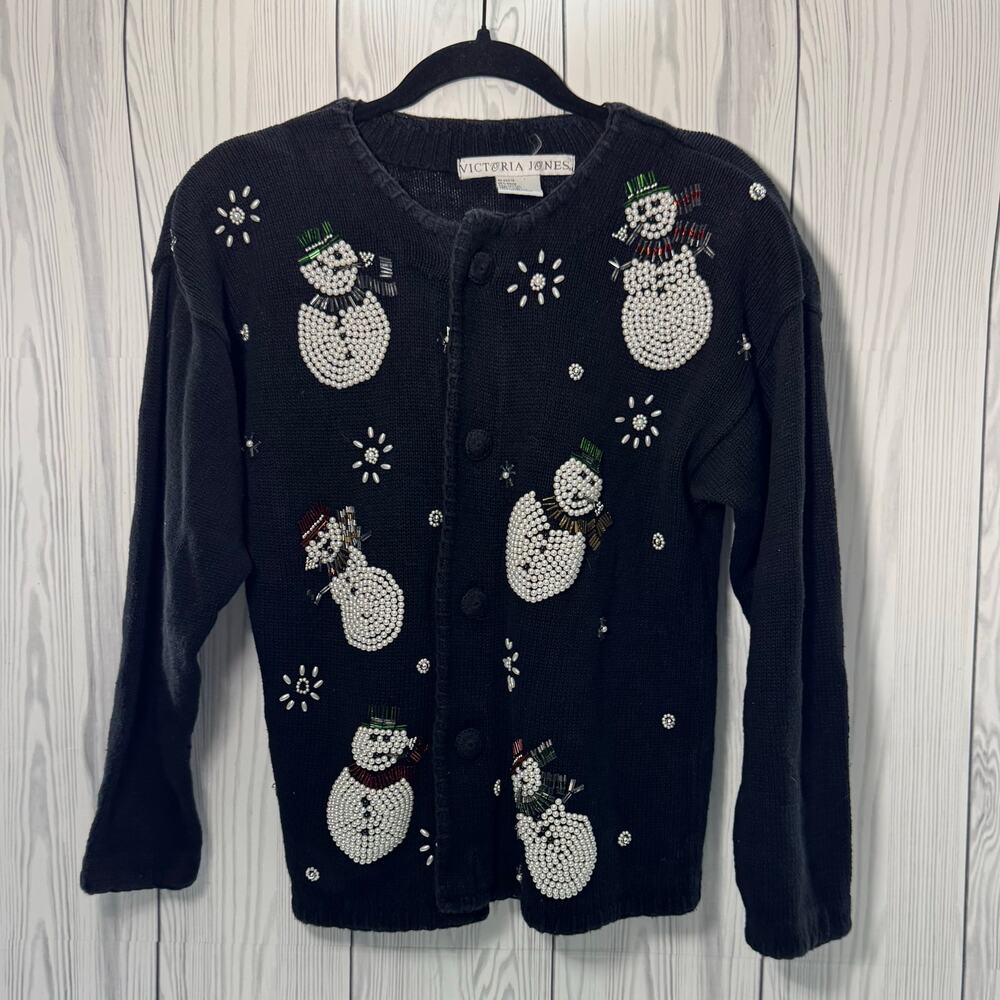 Vintage 1990s Victoria Jones Pearl Beaded Snowman Christmas Cardigan Large